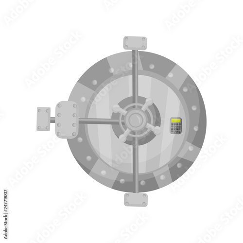 Metal round bank vault door with button keypad. Strong cabinet with electronic code lock. Flat vector design