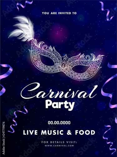 Line art illustration of party mask on blue background decorated with ribbons. Carnival party template or flyer design.