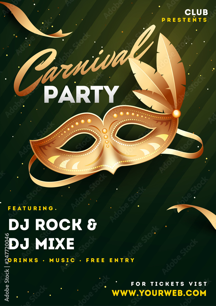 Invitation card or template design with illustration of party mask for Carnival party celebration.