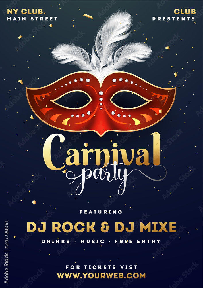 Carnival party template or flyer design with illustration of party mask on blue background.