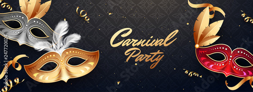 Header or banner design with illustration of party masks on black abstract background for Carnival Party celebration.