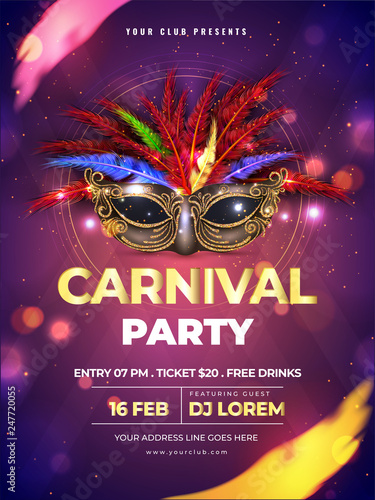 Carnival party template or flyer design with realistic party mask on purple bokeh background.