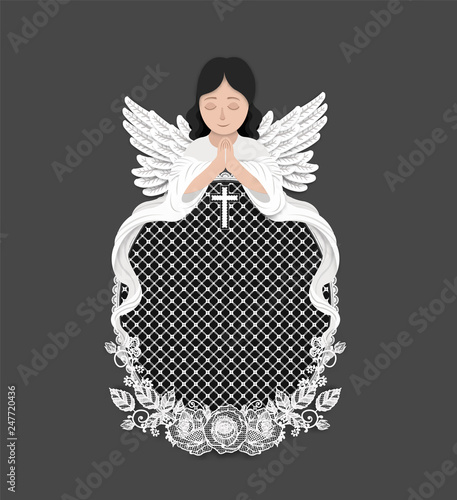 Angel with lace rose funeral card by hand drawing.Flower vector art highly detailed in line art style.