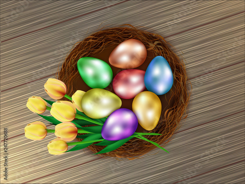 Realistic colorful easter eggs in basket with tulip flowers on wooden texture background.