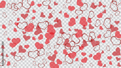 Red hearts of confetti are flying. The idea of wallpaper design, textiles, packaging, printing, holiday invitation for Valentine's Day. Festive background. Red on Transparent background Vector.