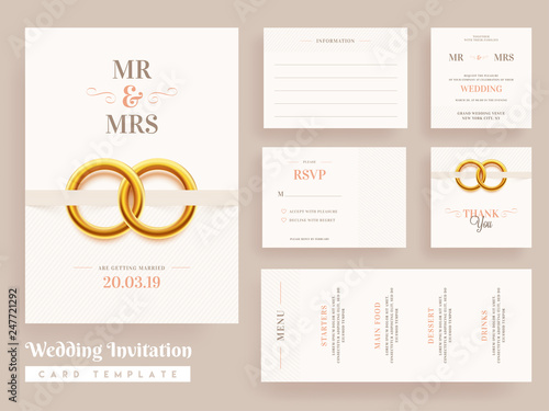 Wedding Invitation card template design with wedding invite, menu, rsvp and thank you for save the date concept.