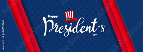 Calligraphy of Happy President's Day with uncle sam hat illustration on blue background. Header or banner design.
