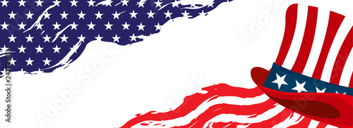 American flag pattern header or banner design with uncle sam hat and space for your message.