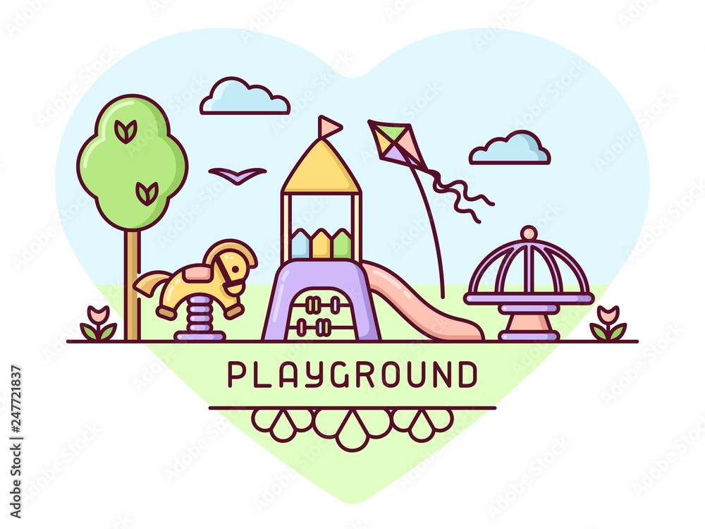 Playground concept with slide, seesaw and carousel. Cartoon style vector illustration.