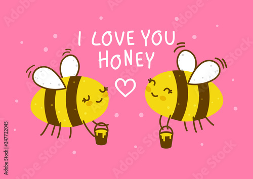 Cute honey bees on pink background