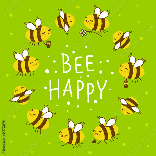 Cute honey bees round frame for Your kawaii design