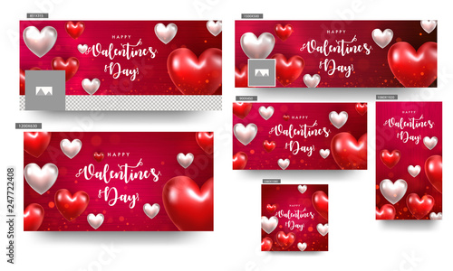 Realistic glossy heart shapes decorated social media header and poster set for Valentine's Day celebration.