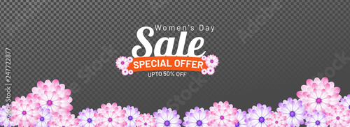 Website header or banner design with 50% discount offer and decorative flowers for Happy Women's Day celebration with.