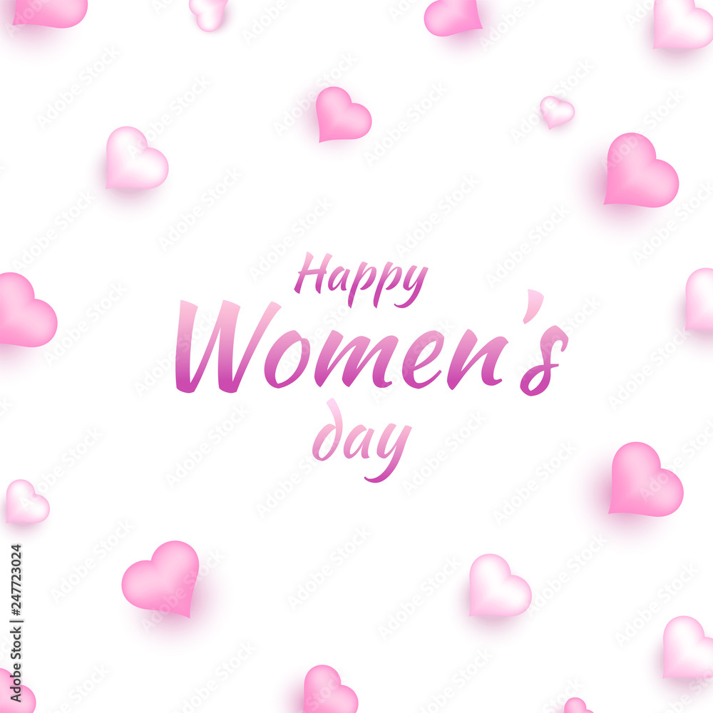 Glossy pink heart shapes decorated on white background with stylish lettering of Happy Women's Day.