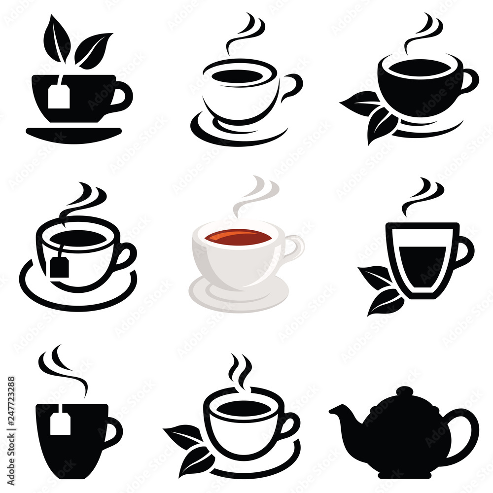 Tea icon collection - vector outline illustration and silhouette Tea icon collection - vector outline illustration and silhouette