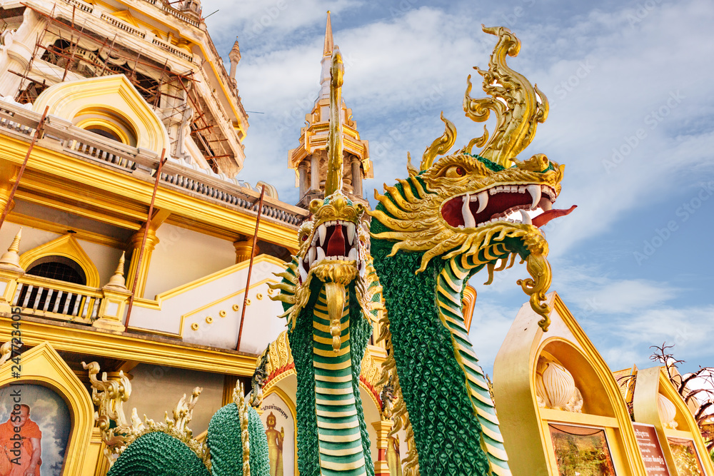 Fototapeta premium Thai dragon or Snake god Nagas statue at Tiger cave temple (Wat Thum Sua) before the new Chedi, Tiger Cave Temple, Wat Tham Sua, Krabi, Thailand, Asia