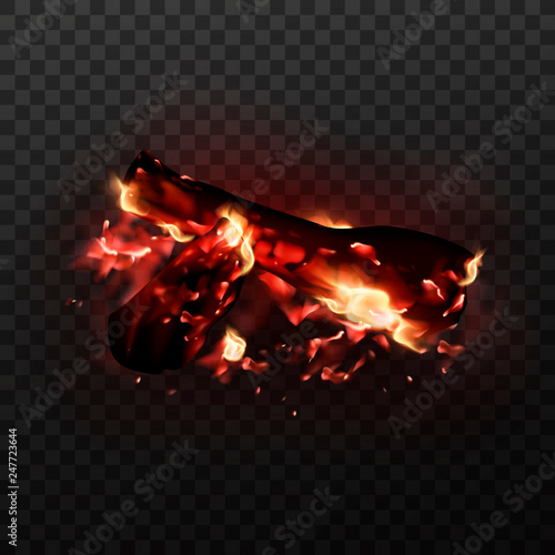 Design of realistic glowing bonfire with charcoals and fire flames. Vector illustration of campfire isolated on transparent background