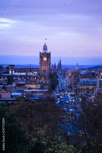 Edinburgh  Scotland. Cityscape morning view from Calton Hill seeing old town and Clock tower.