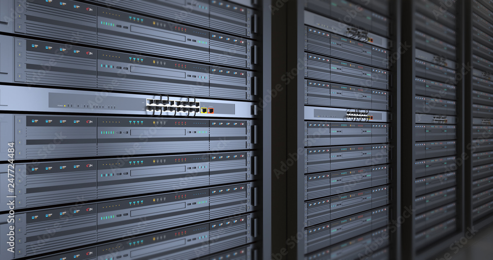 Close Up Server Racks In a Modern Data Center. Computer Racks All Around. Technology Related 4K 3D Render. Close Up Server Racks In a Modern Data Center. Computer Racks All Around. Technology Related 4K 3D Render.