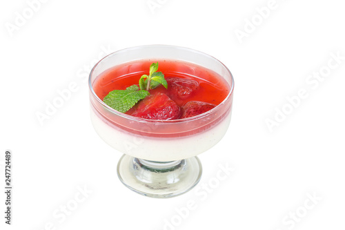 panna cotta dessert in a glass bowl isolated on white background