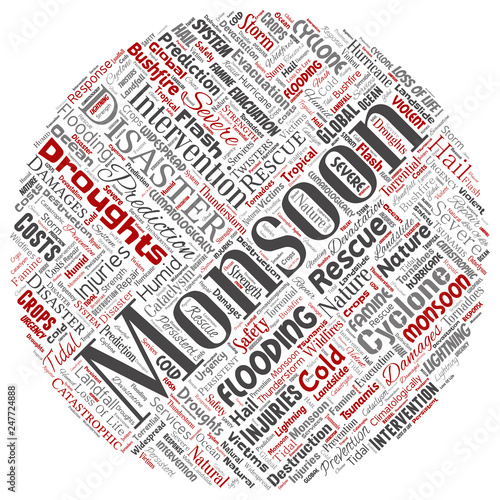Vector conceptual monsoon dangerous weather round circle red meteorology word cloud isolated background. Collage of tropical dramatic storm force, strong wind blowing, rain hail thunderstorm concept