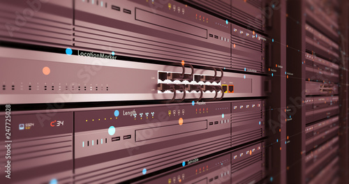 Close Up Modern Server Room Environment. Computer Racks All Around With Flying Texts. Technology Related 4K Cg Render.