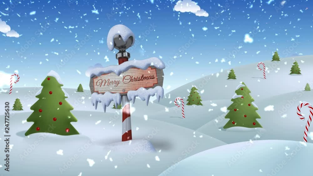 North Pole Merry Christmas 4K Loop features a north pole Merry Christmas sign in a cartoonish snowy landscape with pine trees, candy canes, and falling snow in a loop North Pole Merry Christmas 4K Loop features a north pole Merry Christmas sign in a cartoonish snowy landscape with pine trees, candy canes, and falling snow in a loop