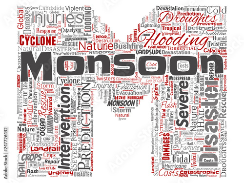 Vector conceptual monsoon dangerous weather letter font M red meteorology word cloud isolated background. Collage of tropical dramatic storm force, strong wind blowing, rain hail thunderstorm concept