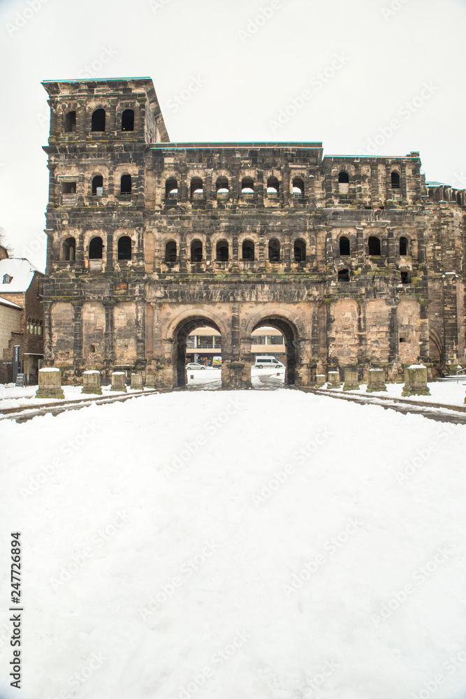 Porta Nigra in Trier, snow in the winter