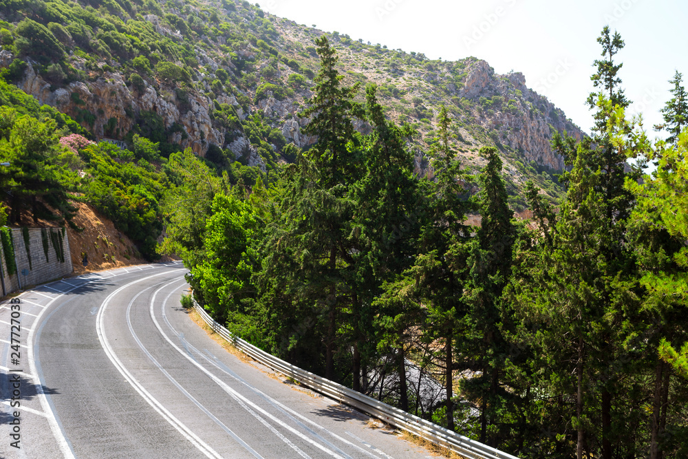 Asphalt road in a summer forest. Crete mountains, Greece Asphalt road in a summer forest. Crete mountains, Greece