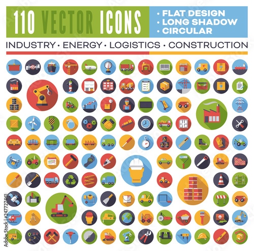 Set of 110 flat design long shadow round vector icons for web, print, apps, interface design: industry, energy, construction, logistics and transport