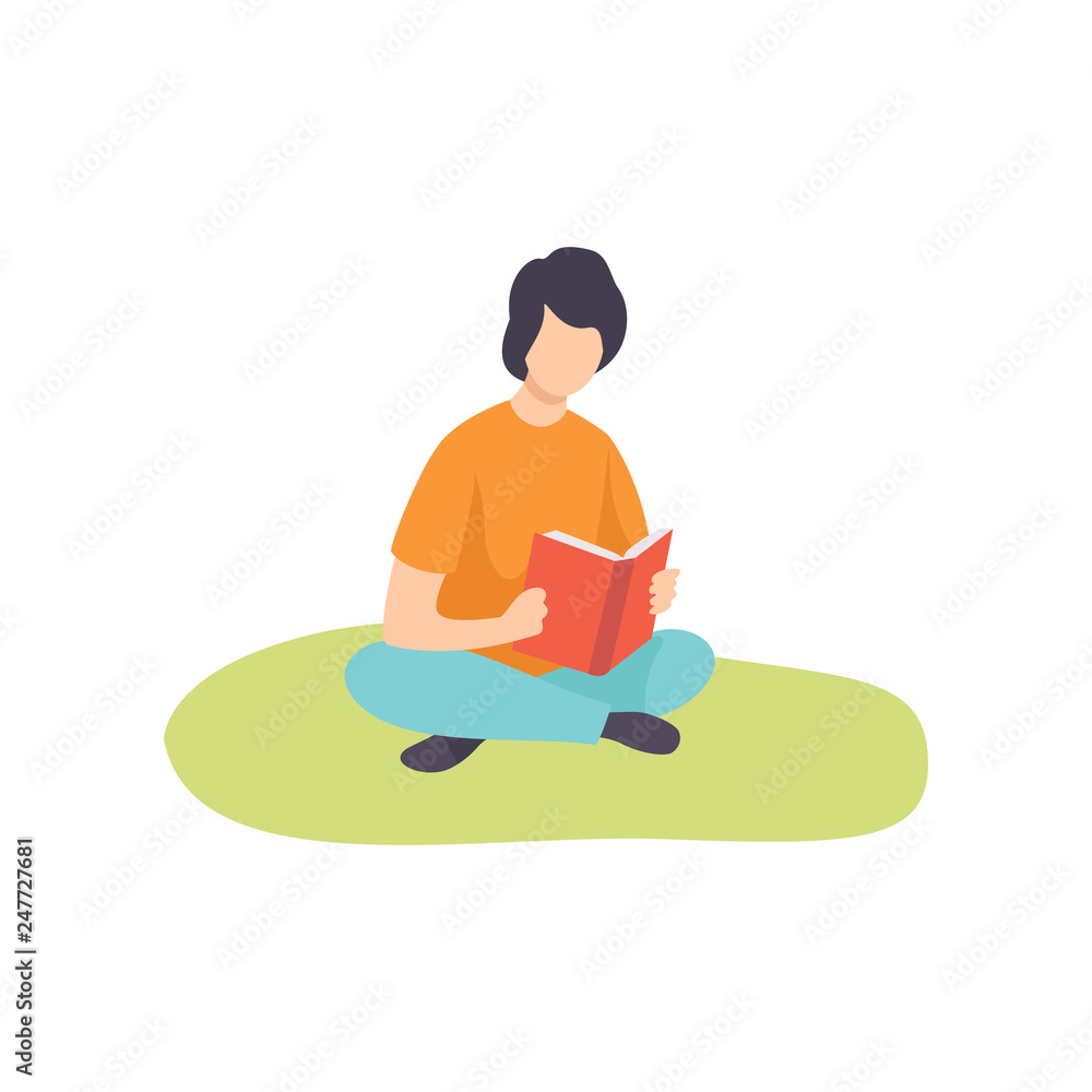 Young man Sitting on Grass with Crossed Legs and Reading Book, Guy Relaxing on Nature Vector Illustration Young man Sitting on Grass with Crossed Legs and Reading Book, Guy Relaxing on Nature Vector Illustration