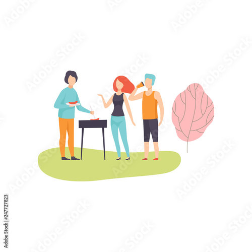 People Having BBQ Picnic on Nature, Friends Eating and Cooking Meat on Barbecue Grill Vector Illustration