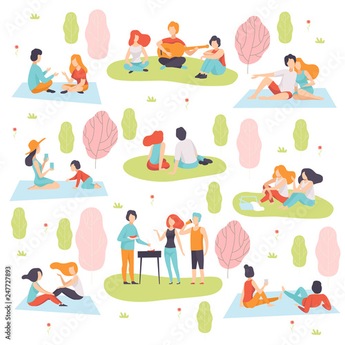 Young Men and Women Having Picnic and Cooking Meat on Barbecue Grill Set, People Relaxing on Nature Vector Illustration
