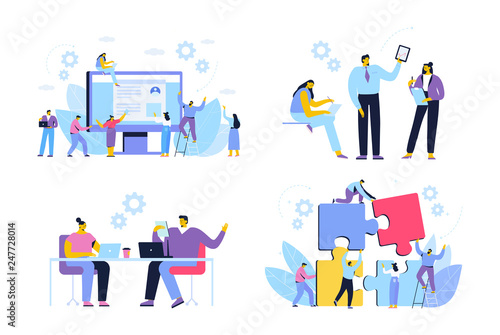 Business people vector set. Cooperation. People connecting puzzle elements.  Business meeting. Teamwork. Business people working together. Cartoon Flat style characters isolated on white background.