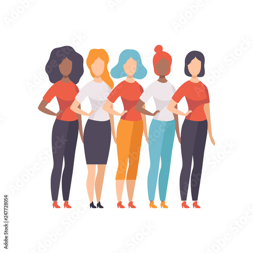 Girls of Different Nationalities and Cultures, Girls Advocating for Gender Equality, Freedom, Civil Rights, Independence Vector Illustration