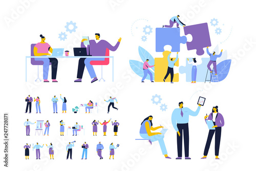 Business people vector set. Cooperation. People connecting puzzle elements.  Business meeting. Teamwork. Business people working together. Cartoon Flat style characters isolated on white background.