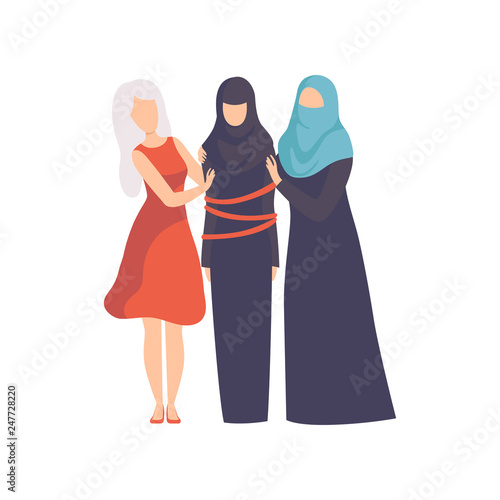 Women Supporting Tied Muslim Woman in rational lothes, Girls Advocating for Equality, Freedom, Civil Rights, Independence Vector Illustration