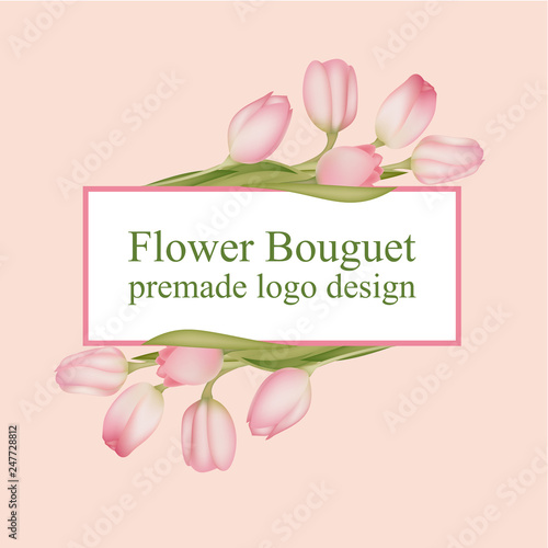 Logo with flowers, design with tulips, vector image of flowers, spring card for congratulations, pink flower buds, a bouquet of tulips