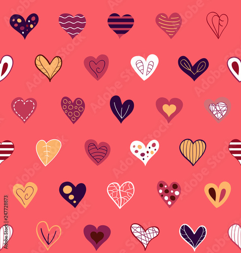 Red Vector seamless pattern of hearts. Abstract geometric background of hearts for Valentine's Day. Vector background for fabric, textile, wallpaper, posters, gift wrapping paper, napkins, tablecloths