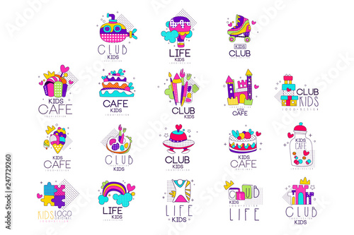 Collection of kids logo templates set, kids cafe, club, life colorful labels vector Illustrations on a white background