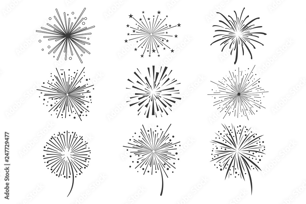 Brightly celebration fireworks set, holiday and party firework design elements vector illustration