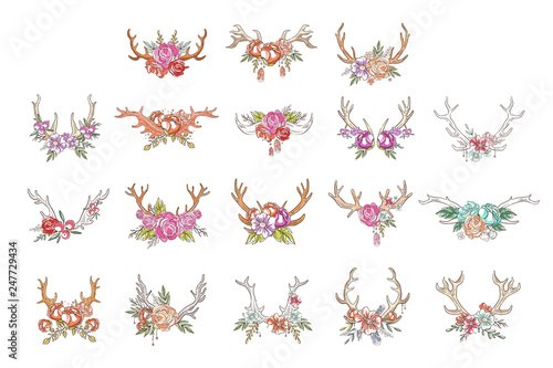 Deer horns with flowers and plants set, hand drawn floral composition with antlers vector Illustrations on a white background