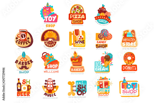 Collection of various shops logo templates set, emblem for cupcake, candy, pizza, ice cream, donut, gift and toy market vector Illustrations on a white background