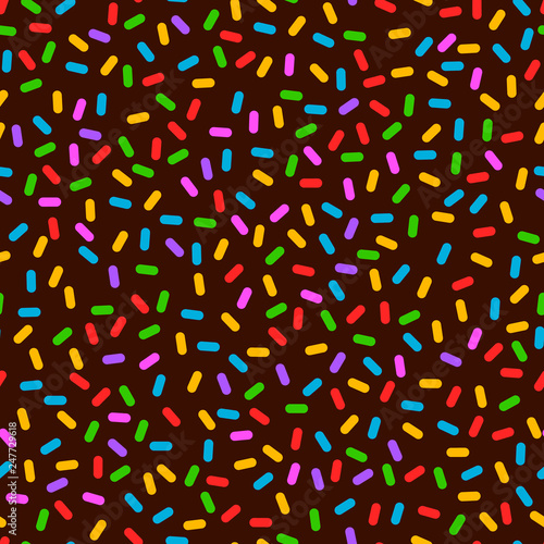 Colorful confetti on dark brown, memphis abstract seamless pattern, vector
