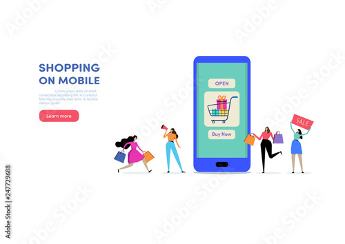 Shopping online via Smartphone. Shop on mobile. E-commerce, Consumerism, Retail, Sale. People vector illustration. Flat cartoon character graphic design. Landing page template,banner,flyer,poster,web