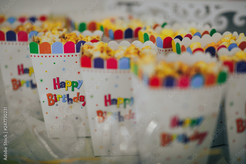 Colorful dessert table with decoration for child birthday