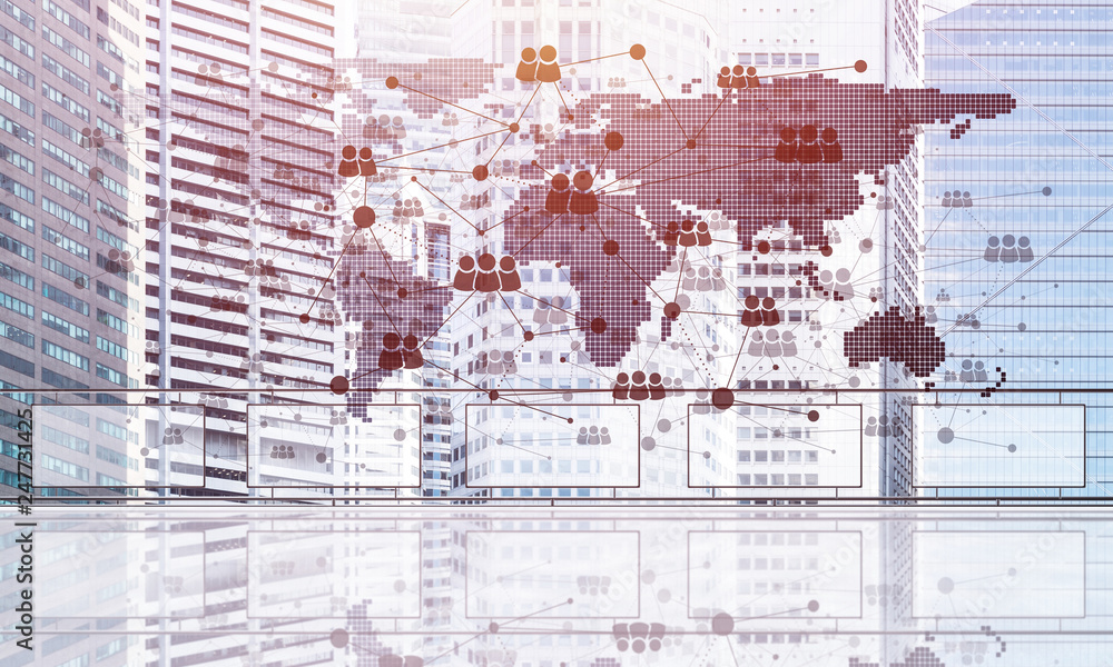 Fototapeta premium Concept of global communication and networking with world map over cityscape