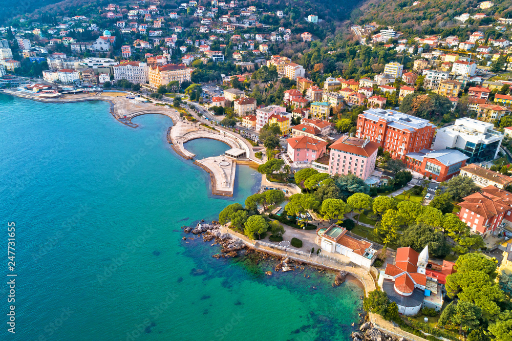 Scenic coastline of Opatija and Slatina beach aerial view