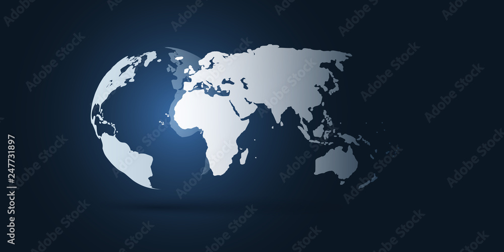 Naklejka premium Earth Globe and World Map Design Layout - Global Business, Technology, Globalisation Concept, Vector Template